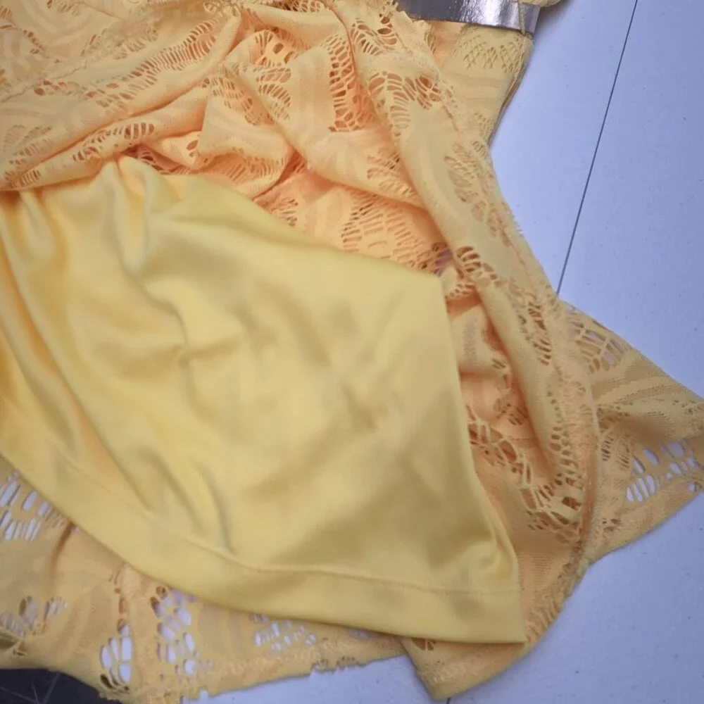 London Style Collection Dress Womens 16W Yellow Lace Fit & Flare Belted Keyhole - Picture 8 of 12